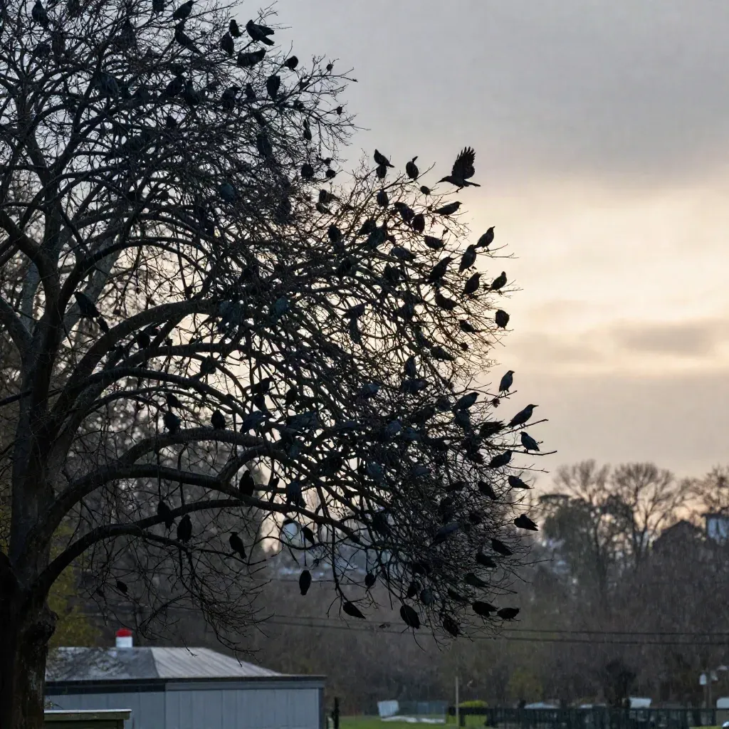 Crow-filled plane tree above a park edge at dusk, birds landing through drizzle and mist.