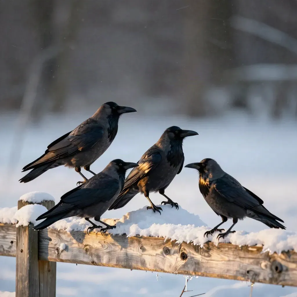 Three corvids on a snow-dusted fence shifting in winter wind with amber light.