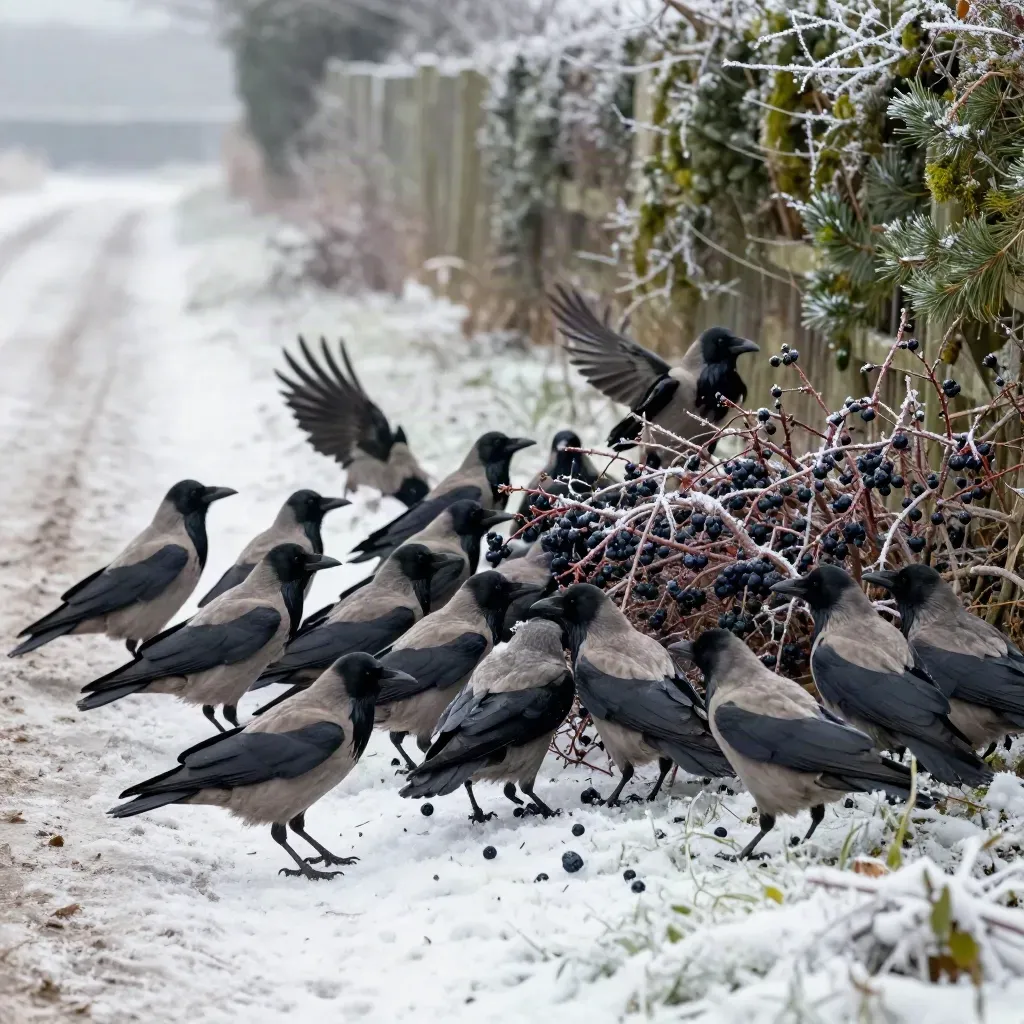 Crow flock lifting from a frozen farm lane beside a berry thicket in winter light