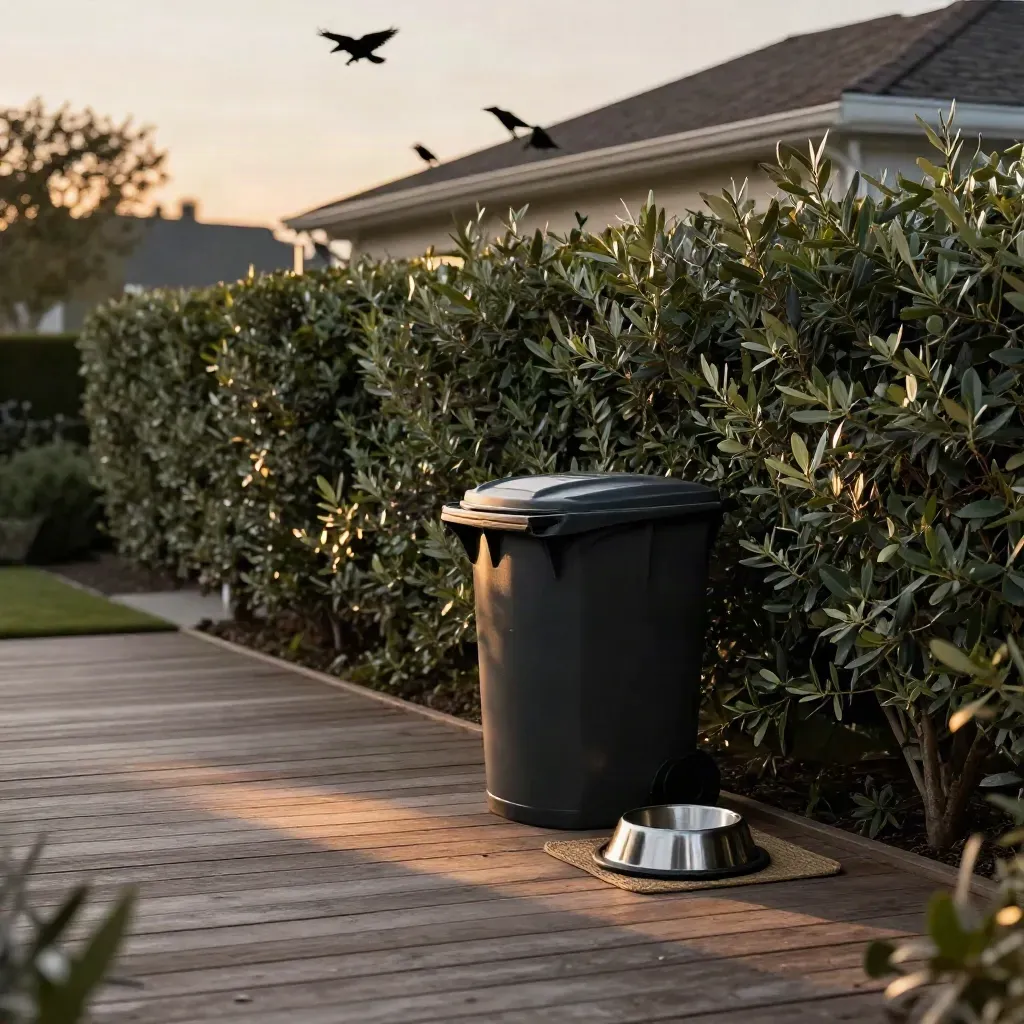 Charcoal trash bin, covered pet bowl, and hedge by a quiet deck as crows cross the dusk roofline.