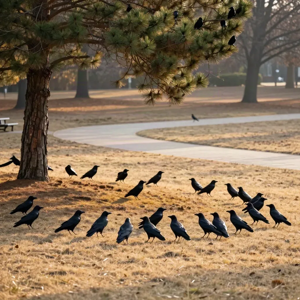 High overlook of crows shifting across a park lawn beside a pine-green tree line.
