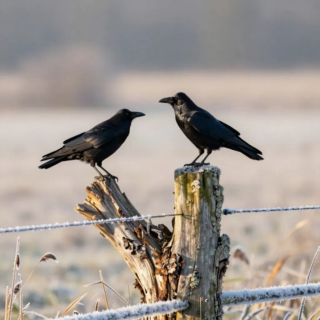 Raven on snag and crow on fence post in a winter field