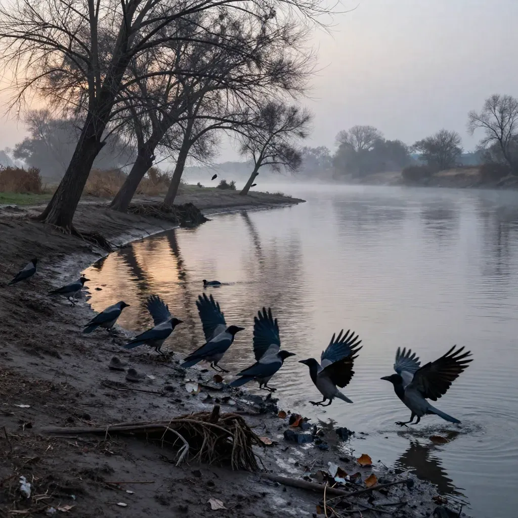 Crows lift from a misty creek bend beside cottonwoods and mud flats at dusk.