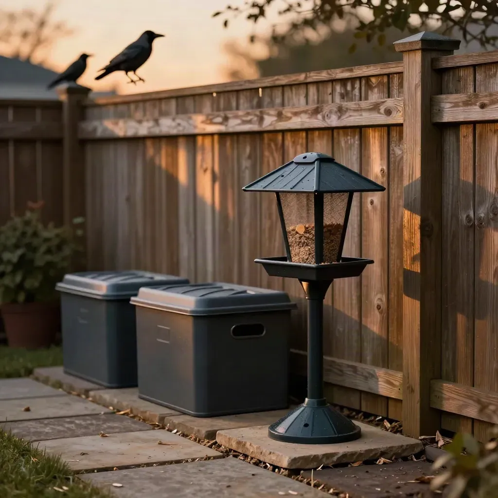 Charcoal crow feeder beside closed bins at a quiet backyard fence corner in dusk light.
