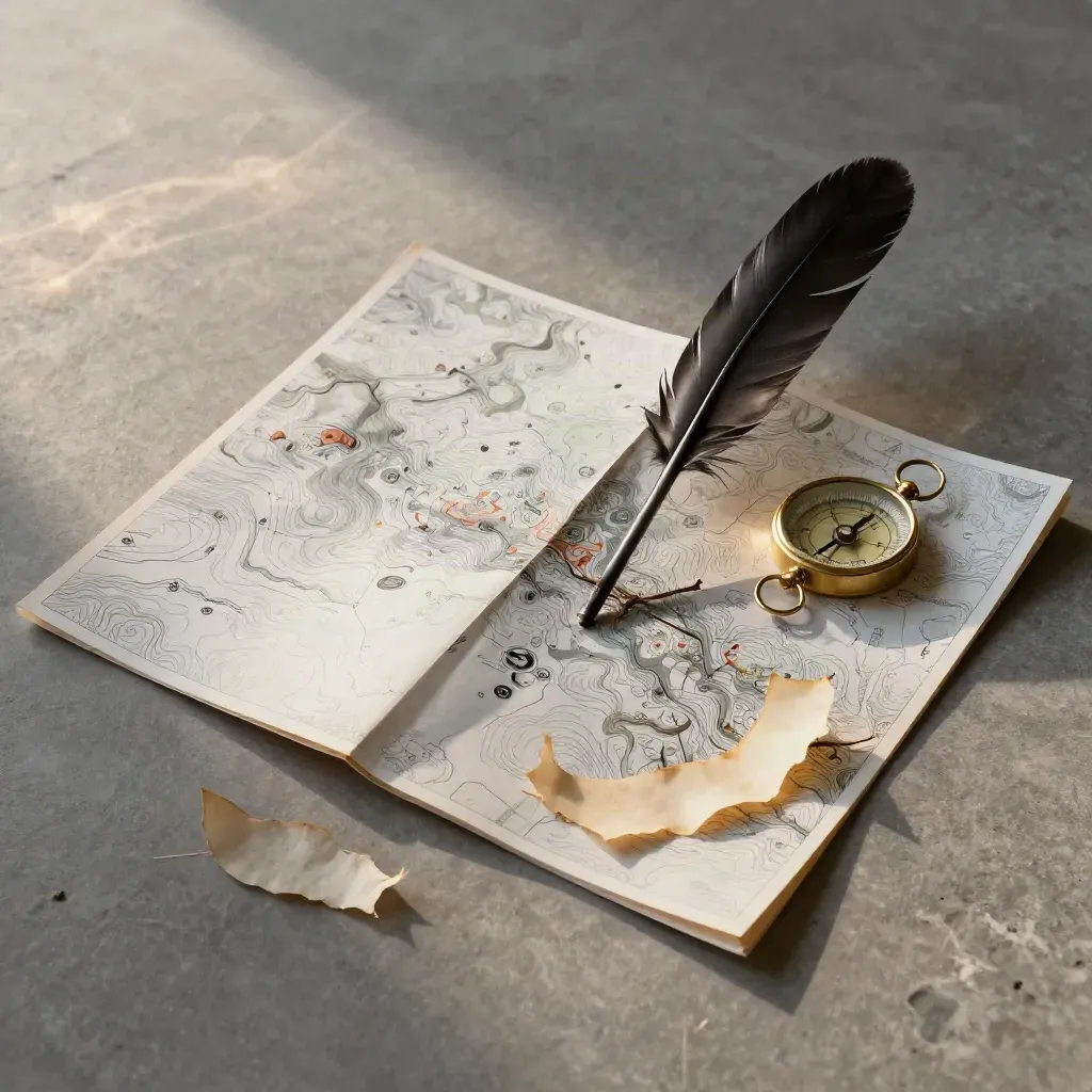 Overhead flatlay of a map, feather, compass and twig on stone with soft side light.