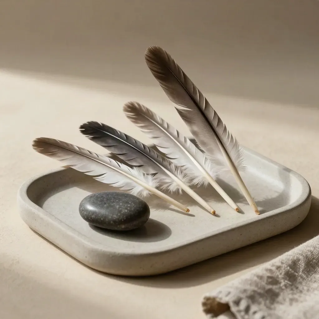 Corvid feathers, river stone, and dark ceramic dish on a concrete tray.