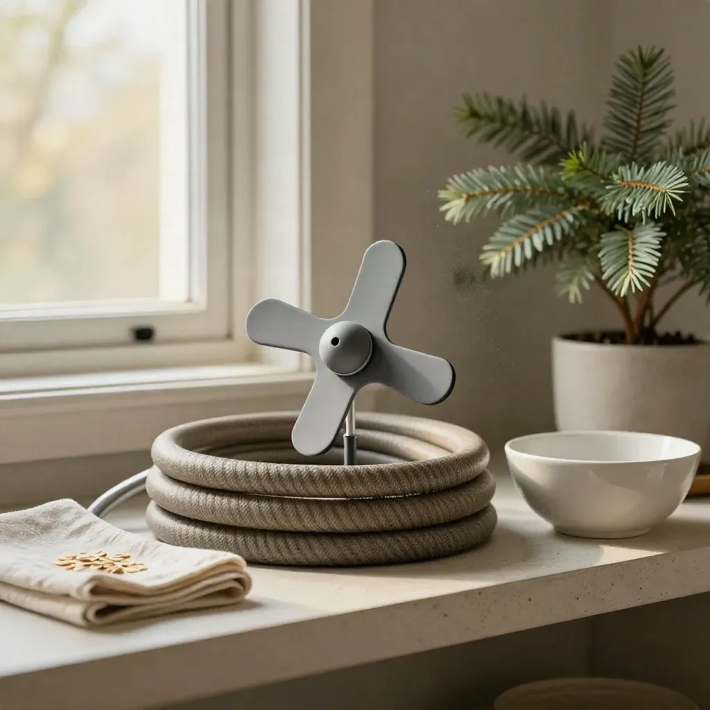 Bird-safe spinner, hose, cloth, bowl and houseplant on a pale plaster shelf in soft window light